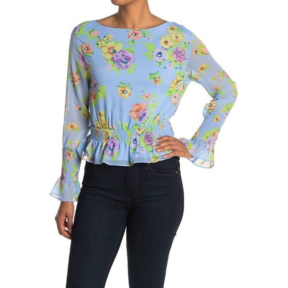 New NWT WAYF Blue Floral Long Bell Sleeve Smocked Blouse Women's Size Small - Picture 1 of 10